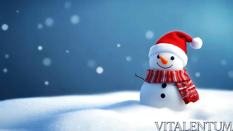Cheerful snowman in red scarf and Santa hat on snowy field