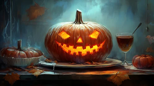 Glowing jack-o&rsquo;-lantern crowns a moody Halloween table scene.