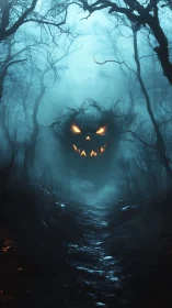Digital painting of haunted forest path with fiery jack o lantern visage.
