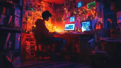 Teen gamer at glowing dual-monitor desk at night.