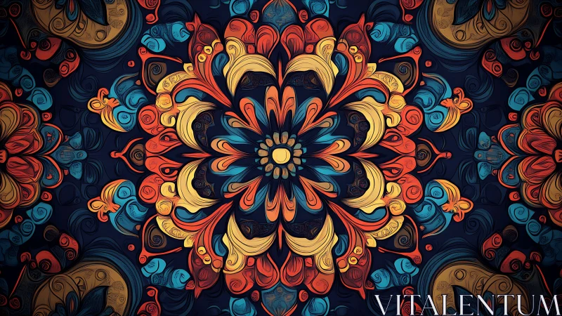 Ornate floral mandala with swirling red, gold, and teal forms.