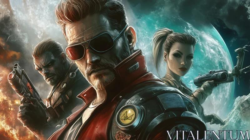 Trio of armed space mercenaries pose before a distant planet