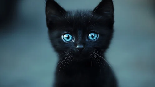 Black Feline with Luminous Cyan Eyes and Directional Light Positioning.