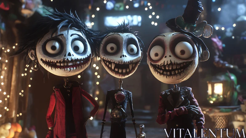 Three jittery skeletons beam under carnival string lights