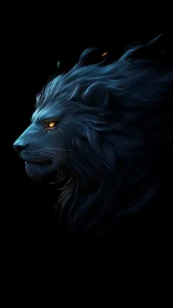 Midnight blue lion profile with blazing amber eye glow.
