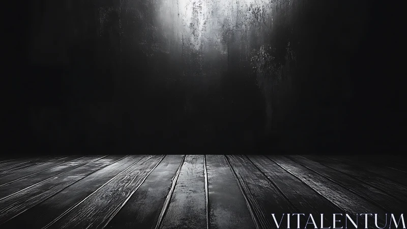 Dark wooden floor extends toward illuminated textured wall