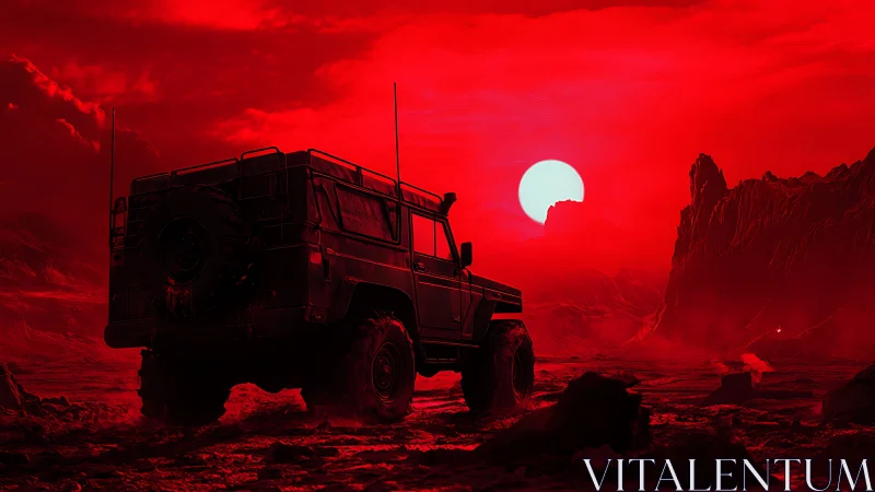 Off-road expedition vehicle crosses red-illuminated alien desert