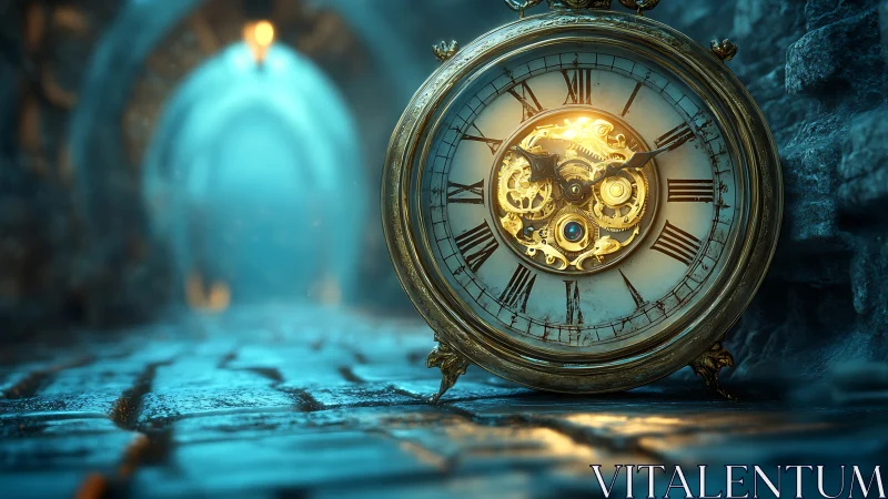 Glowing antique clock radiates mystery in a misty stone tunnel