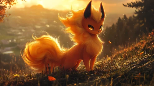 Orange foxlike creature on hillside at warm sunset light.
