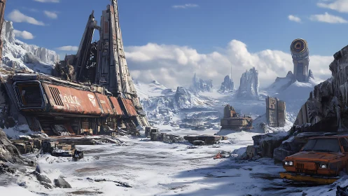 Snow-covered industrial sci-fi outpost extends across valley