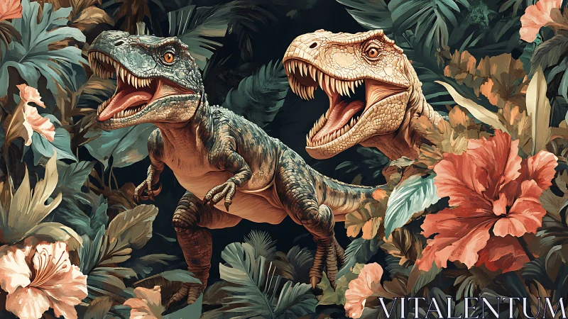 Two roaring dinosaurs in dense tropical foliage artwork.