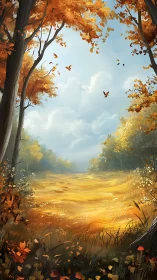 Autumn meadow opens beneath towering trees in warm light