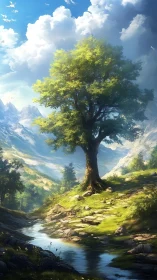 Sunlit mountain tree watching over a quiet winding stream.