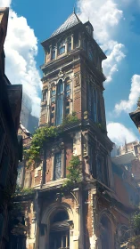 Sunlit ruined tower with overgrown brick façade. Period.