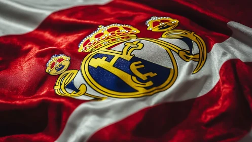 High-gloss satin flag with heraldic crest and metallic embroidery