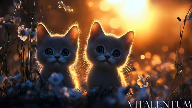 Two Glowing Kittens in a Sunset Flower Meadow.