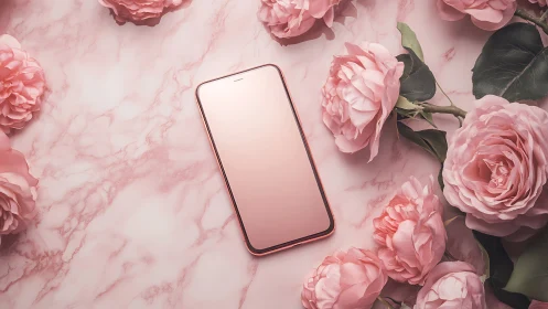 Soft pink smartphone resting among lush blooming roses.