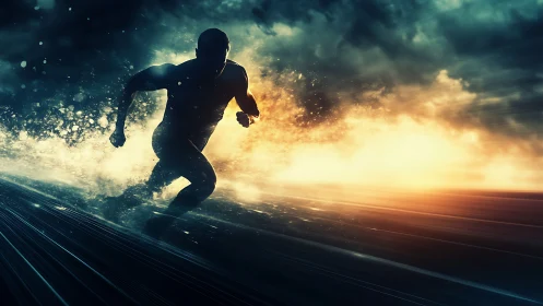 Silhouette sprinter charges through blazing abstract storm.