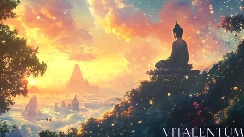 Serene Buddha overlooks glowing fantasy mountain sunrise