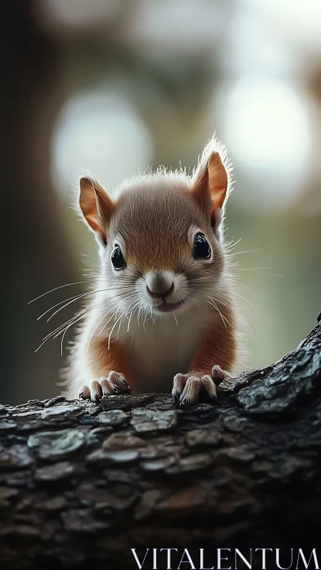 Baby squirrel grips rough bark, shallow forest bokeh.