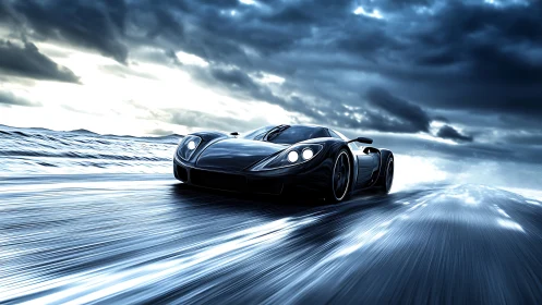 Night storm supercar glides over a wet road with power