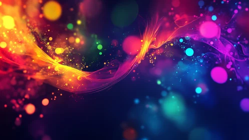 Multicolored light trails with floating circular bokeh forms.