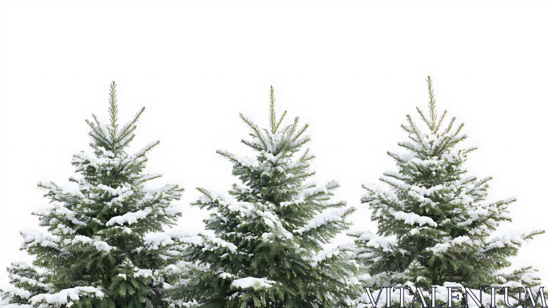 Snow laden evergreen trees under stark winter sky