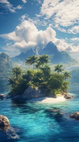 Tropical Island Paradise with Mountain Backdrop Under Cumulus Sky
