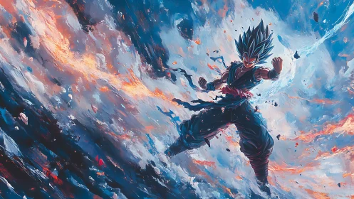 Blue haired anime warrior floating in a fiery storm sky.