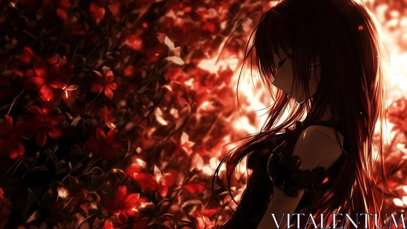 Crimson-haired dreamer amid burning flower dusk.