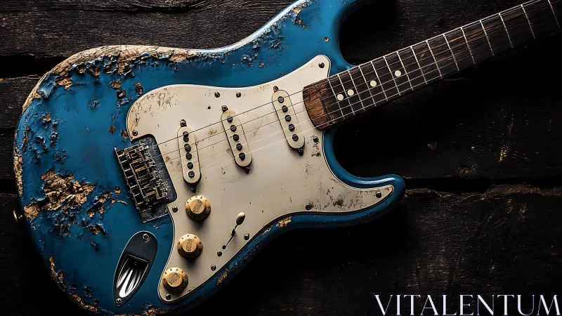 Weathered blue guitar wears its battle scars like medals