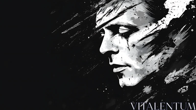 Monochrome profile portrait with abstract paint splashes.