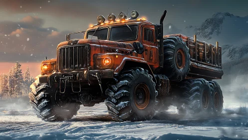 Snowstorm titan truck glowing under icy mountain dusk.