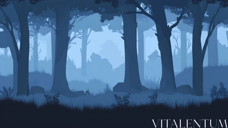 Misty Forest Silhouette: Layered Blue Digital Illustration.
