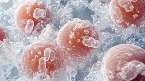 Hyperreal 3D render of cryogenic frozen biological cells cluster