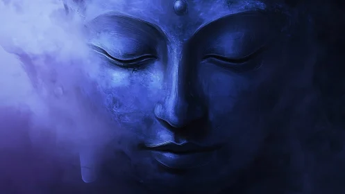Serene blue Buddha face emerging from luminous mist.