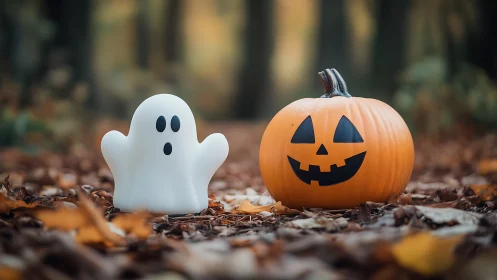 Halloween ghost figure and pumpkin on autumn forest floor.