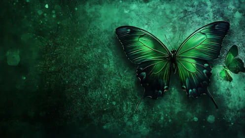Bioluminescent green butterflies rendered on textured teal field