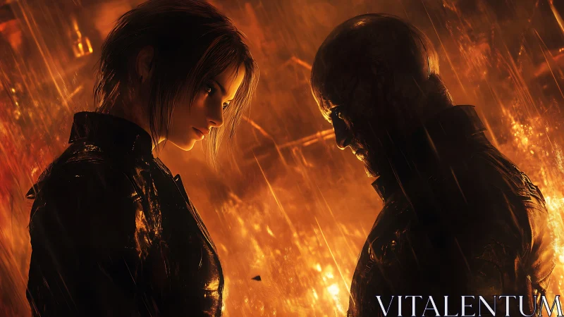 Rain-soaked cyberpunk standoff with backlit orange firestorm