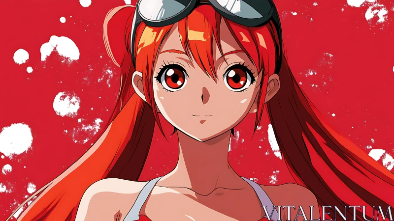 Red haired anime girl in goggles on bold red background.