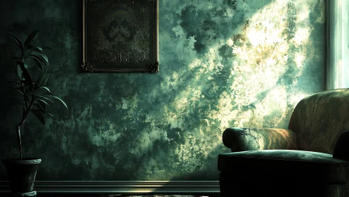 Moody green interior with worn wall, plant, and armchair.