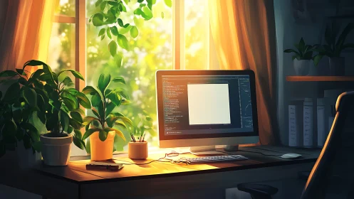 Sunlit home office desk shows monitor, plants, and window