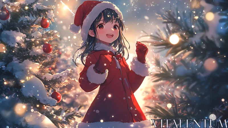 Winter bokeh illuminates anime girl in red Santa coat at dusk