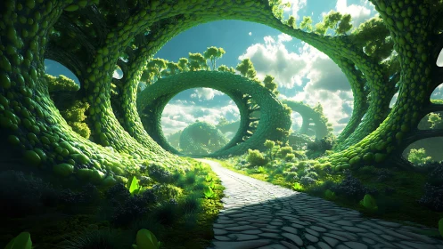 Luminous green arches shaping a surreal forest path.