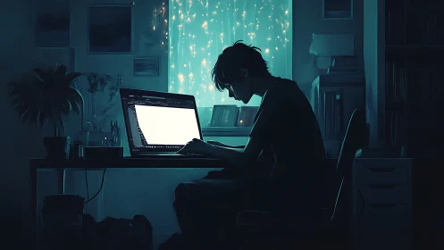 Digital artist working late at laptop in moody blue room.