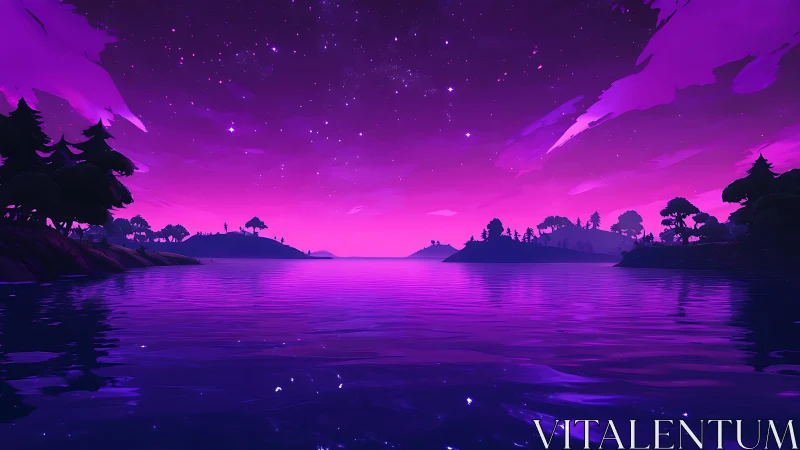 Neon Lake Landscape Under Starlit Purple Sky
