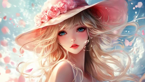 Romantic anime portrait captures a sunlit girl in rose hat