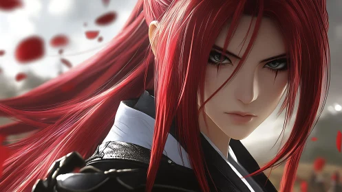 Red haired anime warrior in close intense portrait view.