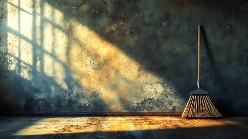 Sunlit textured wall with wooden broom and diagonal shadows.