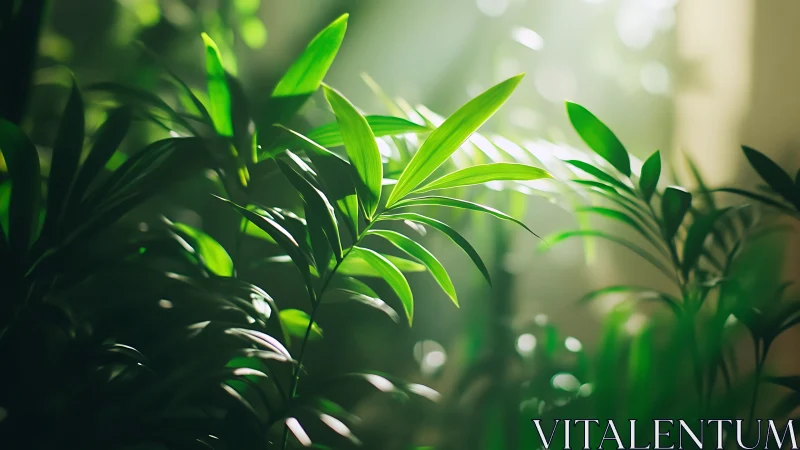 Sunlit indoor palms whisper in soft emerald morning glow.